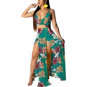 Women's Chiffon Floral 2-Piece Set Crop Top & Maxi Dress Casual Beach Party